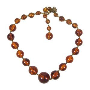 Miriam Haskell FAUX Amber Lucite Marbled Beaded Necklace 12 in Vintage Choker
